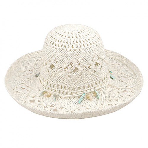 Wide Brim Crochet Toyo Straw Accent w/ Beaded Band - White - HT-8202WT